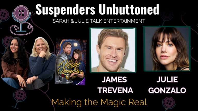 Julie Gonzalo and James Trevena speaking with Sarah from Suspenders Unbuttoned Media about A Knight to Remember.